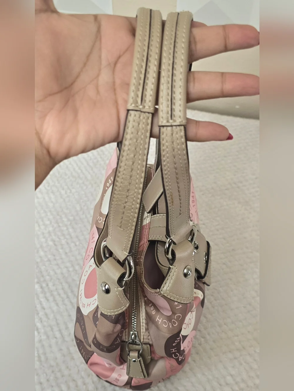 Coach Ashley Signature Circle Print Hobo Bag Pink Tan Canvas Leather Trim - Picture 9 of 12